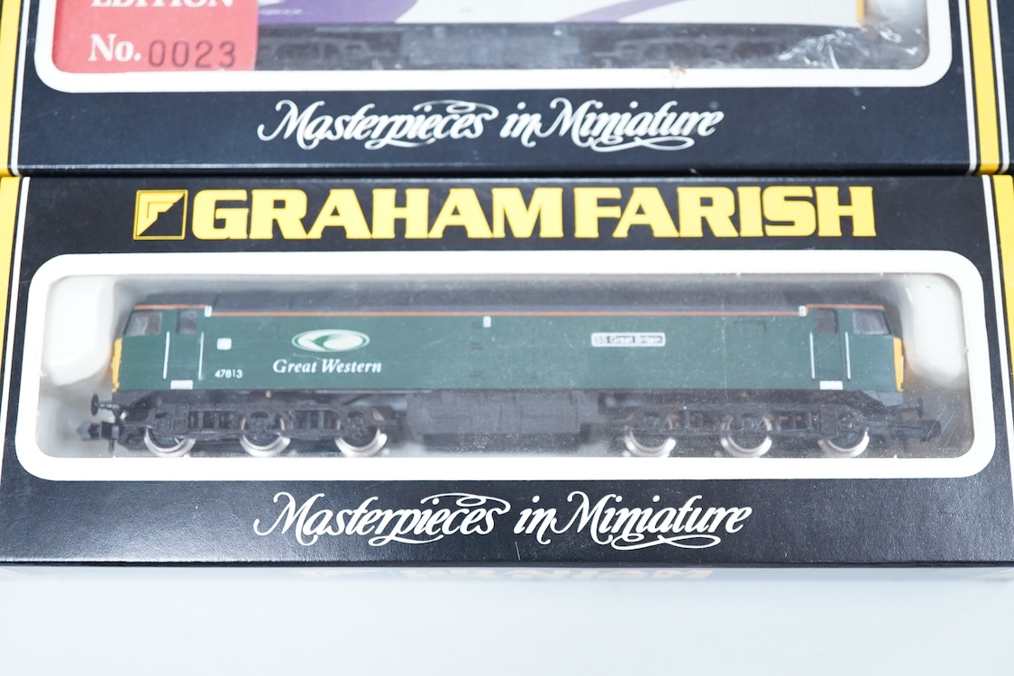 Four boxed Graham Farish N gauge railway Class 47 diesel locomotives; a Porterbrook, 47 817 (LE801A), a Network SouthEast, 47 582 (8018), a Great Western, SS Great Britain 47813, (8002) and a Parcels, Track 29 47479 (802